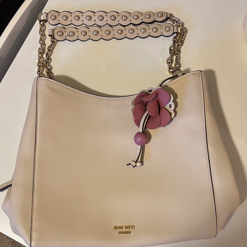 Nine West Beige Shoulder Bag with Pink Floral Charm